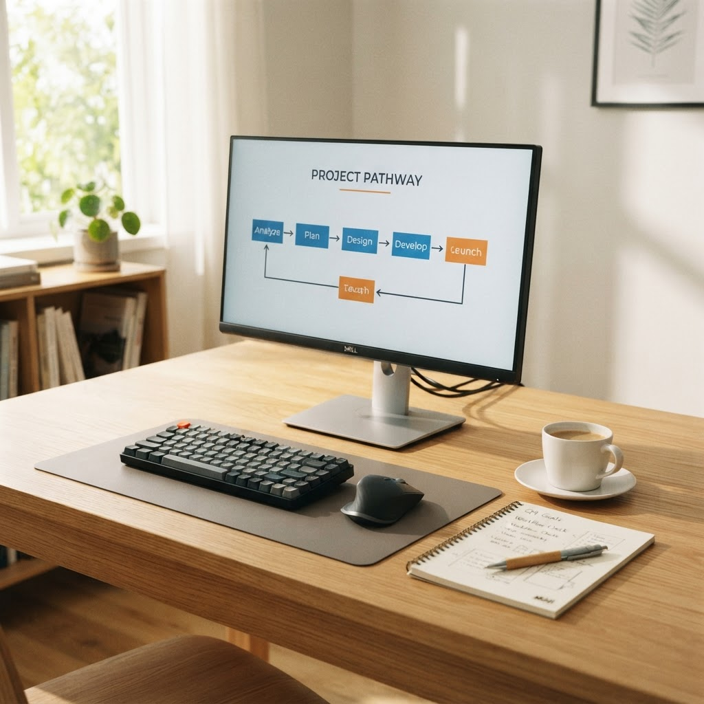 A sunlit table with a monitor displaying a workflow diagram, a coffee cup, and notes